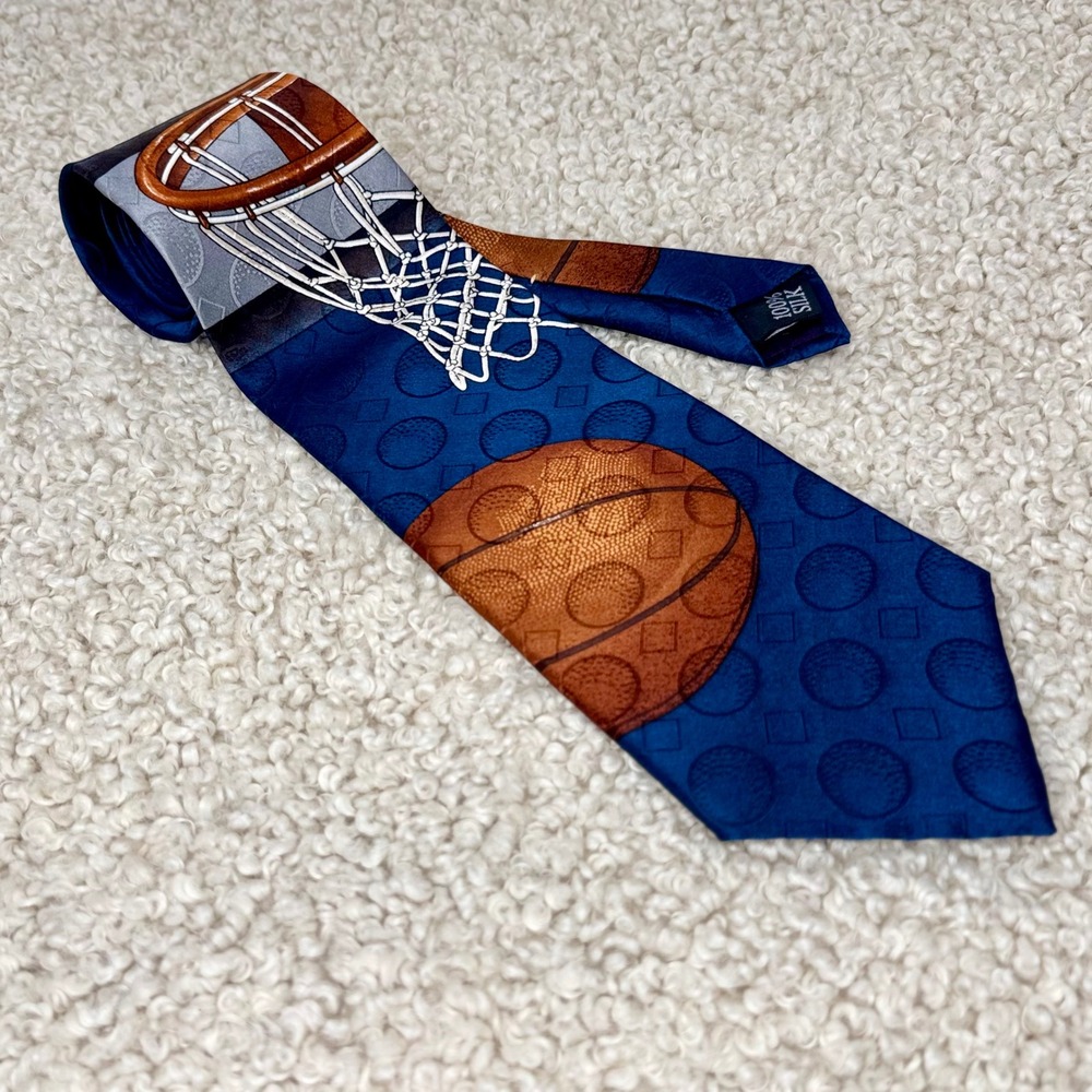 Mark Alexander‎ Mens Basketball Silk Tie Navy Blue Sports Hoop Graphic Novelty